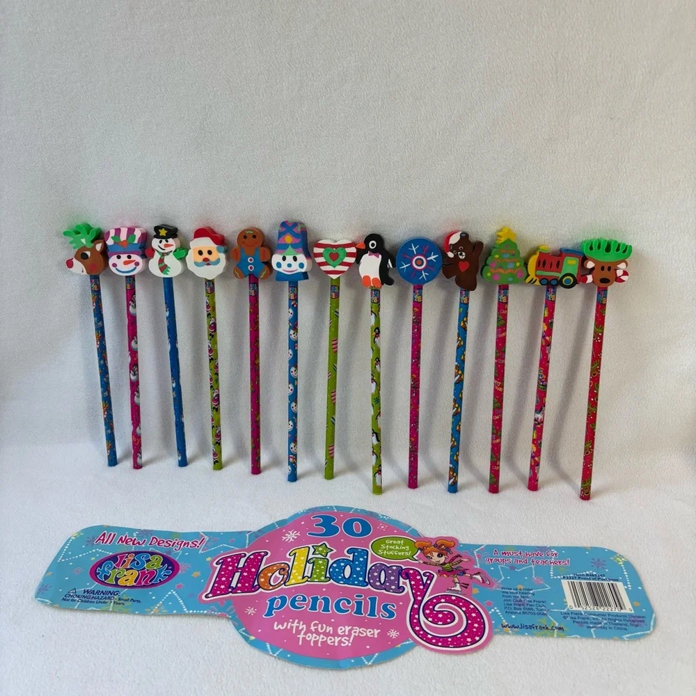 Rare Vintage New Lot of 13 Lisa Frank Holiday Pencils with fun eraser toppers